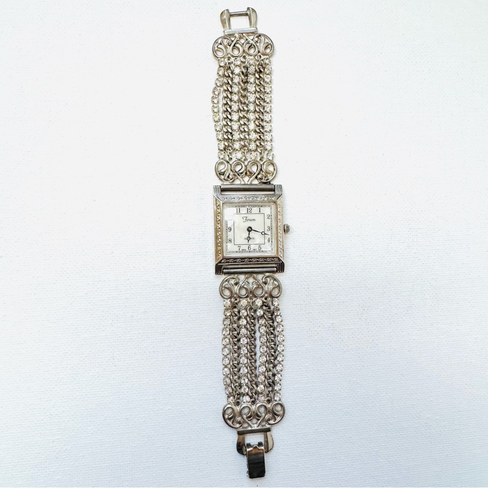 Vintage Forem Mother Of Pearl Women's Silver Crystals Chain Bracelet Watch - Picture 8 of 12